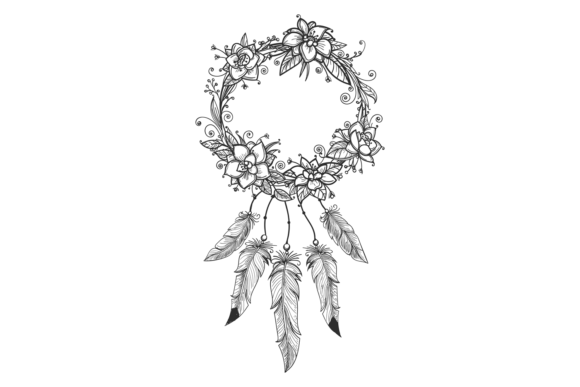 Floral Wreath with Bohemian Feathers Graphics & Crafts