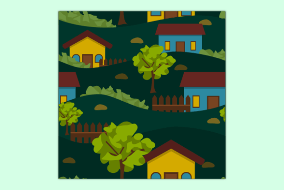 Village Houses and Trees Dark Pattern Graphics